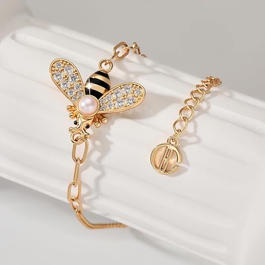 Cicy Bell 18K Gold Plated Bracelets for Women Bumble Bee Bracelets Oval Pearl Cubic Zirconia Figaro Chain Trendy Cute Animal Jewelry Gift - Image 4