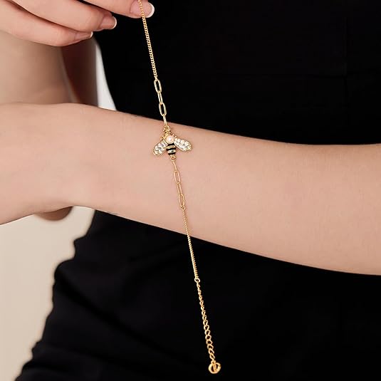 Cicy Bell 18K Gold Plated Bracelets for Women Bumble Bee Bracelets Oval Pearl Cubic Zirconia Figaro Chain Trendy Cute Animal Jewelry Gift - Image 3