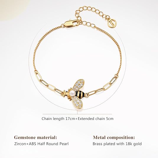 Cicy Bell 18K Gold Plated Bracelets for Women Bumble Bee Bracelets Oval Pearl Cubic Zirconia Figaro Chain Trendy Cute Animal Jewelry Gift - Image 2