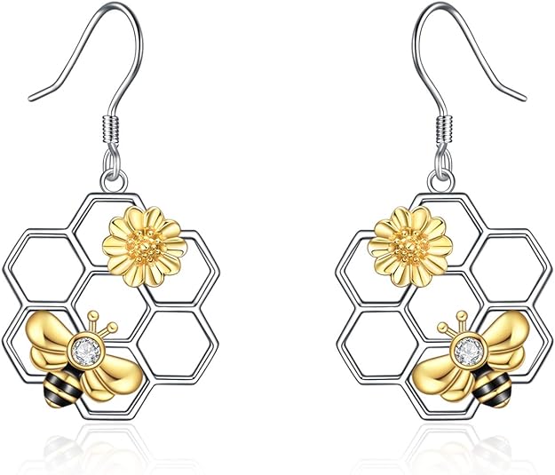 LUHE Bee Earrings for Women 925 Sterling Silver Bumble Earrings with Honeycomb Honeybee Jewelry Dangle Gifts for Women - 1