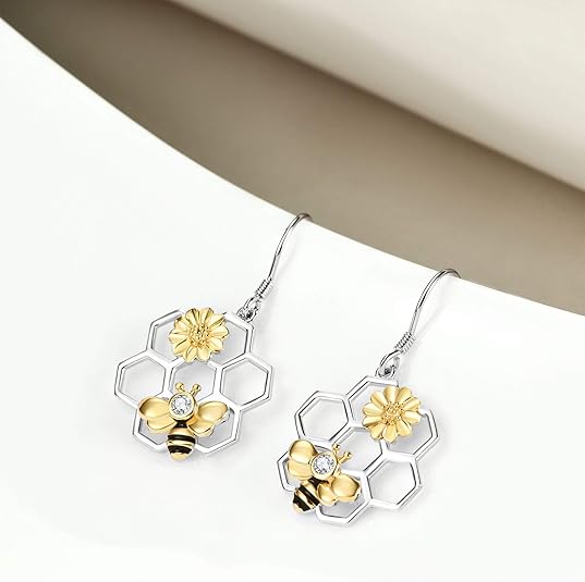 LUHE Bee Earrings for Women 925 Sterling Silver Bumble Earrings with Honeycomb Honeybee Jewelry Dangle Gifts for Women - Image 6