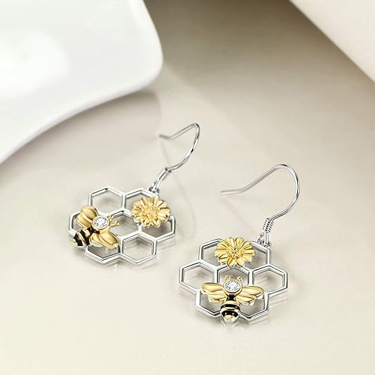 LUHE Bee Earrings for Women 925 Sterling Silver Bumble Earrings with Honeycomb Honeybee Jewelry Dangle Gifts for Women - Image 5