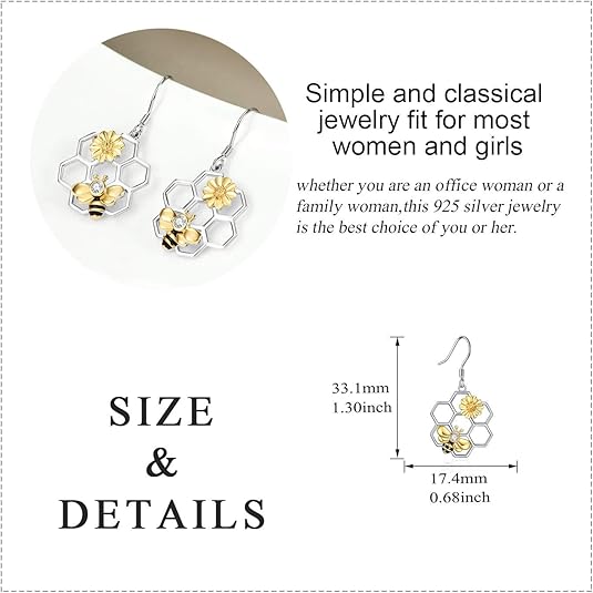 LUHE Bee Earrings for Women 925 Sterling Silver Bumble Earrings with Honeycomb Honeybee Jewelry Dangle Gifts for Women - Image 4