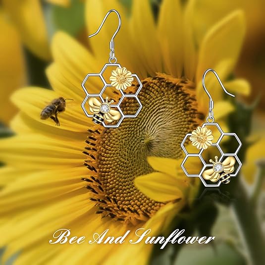 LUHE Bee Earrings for Women 925 Sterling Silver Bumble Earrings with Honeycomb Honeybee Jewelry Dangle Gifts for Women - Image 3