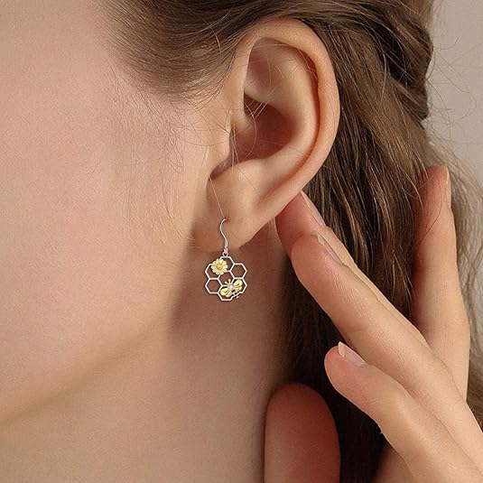 LUHE Bee Earrings for Women 925 Sterling Silver Bumble Earrings with Honeycomb Honeybee Jewelry Dangle Gifts for Women - Image 2