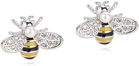 Reffeer Solid 925 Sterling Silver Cute Bee Earrings Stud for Women Teens Small Freshwater Pearl Bee Earrings - 1