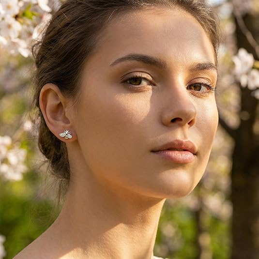 Reffeer Solid 925 Sterling Silver Cute Bee Earrings Stud for Women Teens Small Freshwater Pearl Bee Earrings - Image 4