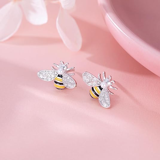 Reffeer Solid 925 Sterling Silver Cute Bee Earrings Stud for Women Teens Small Freshwater Pearl Bee Earrings - Image 5