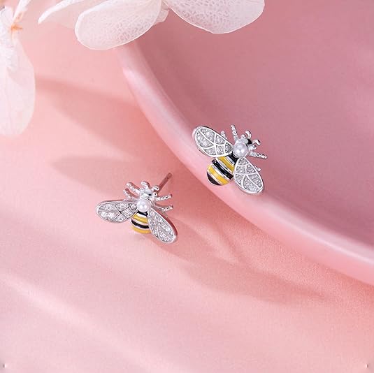 Reffeer Solid 925 Sterling Silver Cute Bee Earrings Stud for Women Teens Small Freshwater Pearl Bee Earrings - Image 6