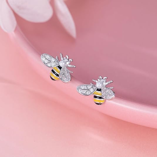 Reffeer Solid 925 Sterling Silver Cute Bee Earrings Stud for Women Teens Small Freshwater Pearl Bee Earrings - Image 2