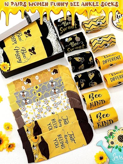 10 Pairs Bee Gifts for Women Funny Bee Socks Cute Cotton Crew Socks for Honeybee Lover Holiday Birthday Gifts - Image 3