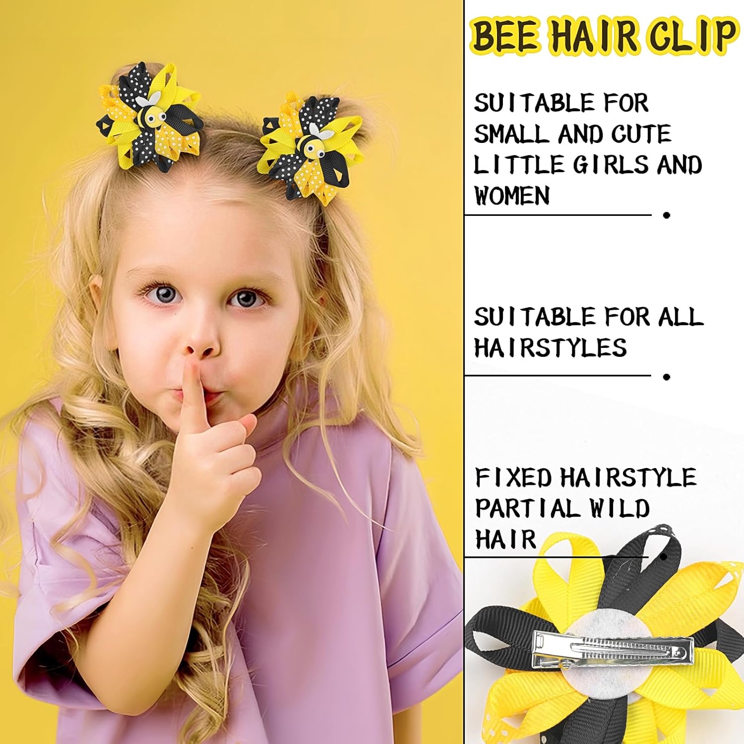 Bee Bow Hair Clips Cute Bee Hair Bows Hair Barrettes Honeybee Yellow Black Polka Dot Bows Hair Pins Spring Hair Accessories for Girls Toddlers Teens Animal Themed Birthday Party Supplies 2PCS - Image 6