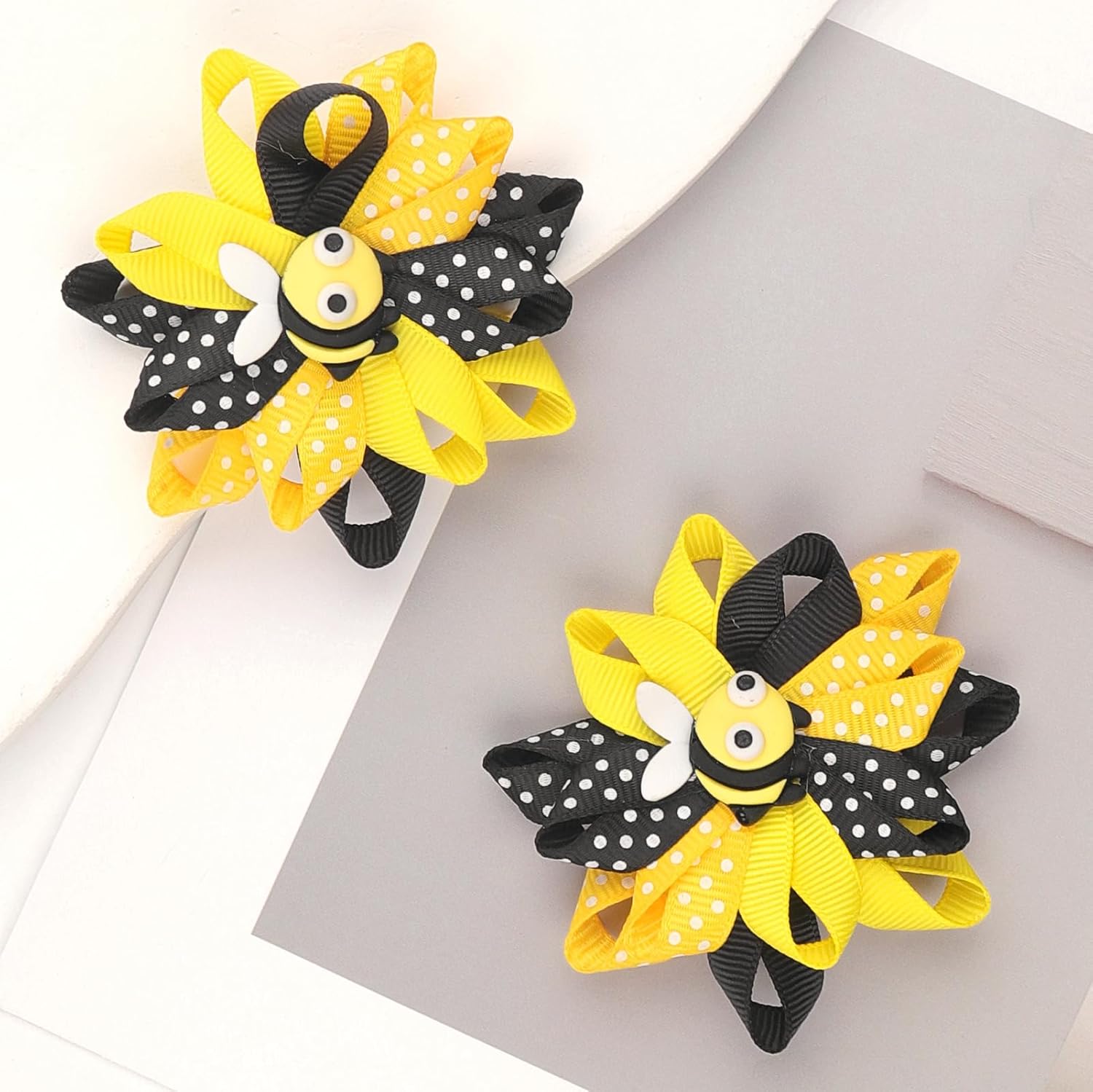 Bee Bow Hair Clips Cute Bee Hair Bows Hair Barrettes Honeybee Yellow Black Polka Dot Bows Hair Pins Spring Hair Accessories for Girls Toddlers Teens Animal Themed Birthday Party Supplies 2PCS - Image 3