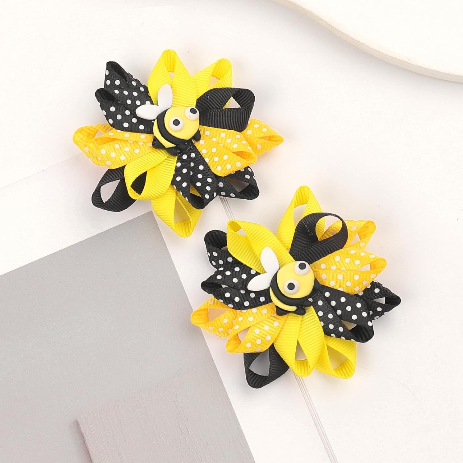 Bee Bow Hair Clips Cute Bee Hair Bows Hair Barrettes Honeybee Yellow Black Polka Dot Bows Hair Pins Spring Hair Accessories for Girls Toddlers Teens Animal Themed Birthday Party Supplies 2PCS - Image 2