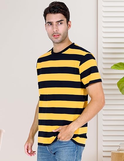 Funny World Men's Cotton Striped T-Shirt Crew Neck Short Sleeves Basic Casual Top - Image 6