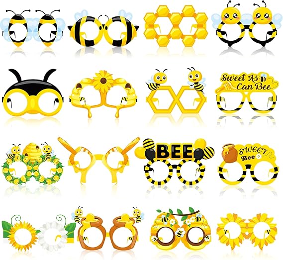 Threan 32 Pieces Bee Party Supplies Bulk Bee Glasses Honeycomb Sunflower Paper Eyeglasses for Summer Flower Birthday Party Baby Shower Costume Photo Booth Props Decorations Supplies - 1