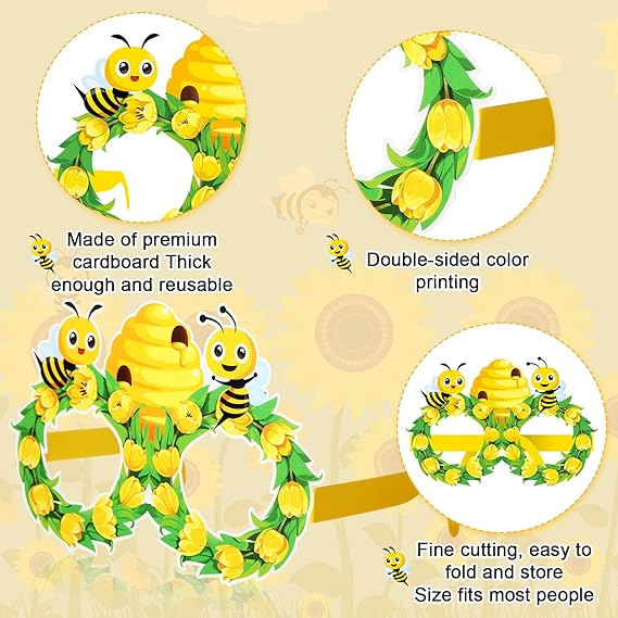 Threan 32 Pieces Bee Party Supplies Bulk Bee Glasses Honeycomb Sunflower Paper Eyeglasses for Summer Flower Birthday Party Baby Shower Costume Photo Booth Props Decorations Supplies - Image 5