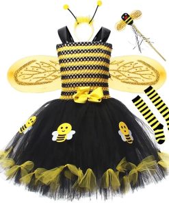 5 PCS Halloween Bee Costume for Girls Bees Headband with Wings Knee Socks Wand Bumble Bee Dress Kids Insect Coslpay - 1