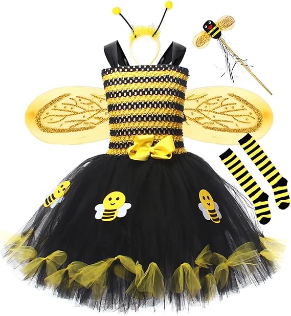 5 PCS Halloween Bee Costume for Girls Bees Headband with Wings Knee Socks Wand Bumble Bee Dress Kids Insect Coslpay - 1