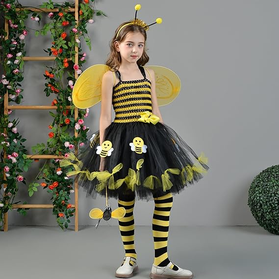 5 PCS Halloween Bee Costume for Girls Bees Headband with Wings Knee Socks Wand Bumble Bee Dress Kids Insect Coslpay - Image 3