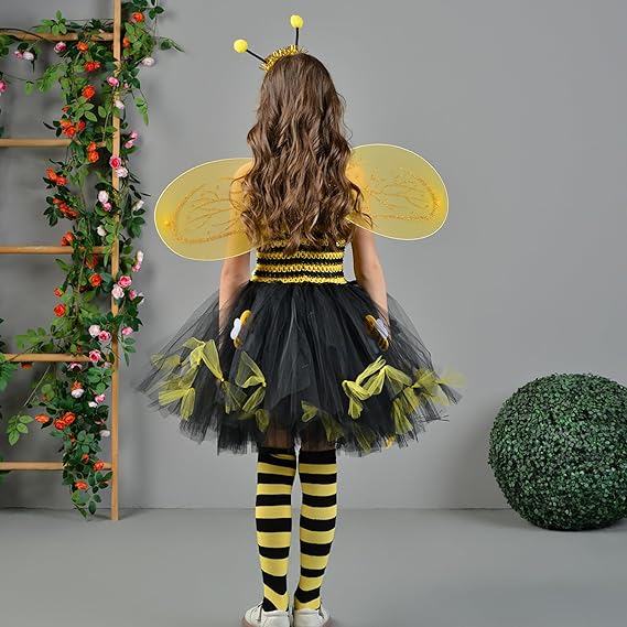 5 PCS Halloween Bee Costume for Girls Bees Headband with Wings Knee Socks Wand Bumble Bee Dress Kids Insect Coslpay - Image 2