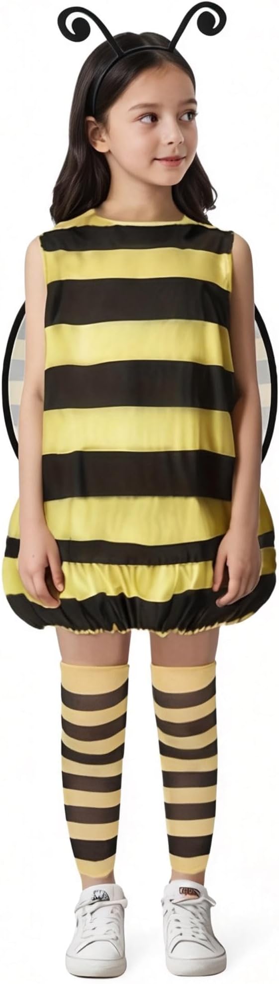 Kids Bee Costume Set- Sleeveless striped dress + wings + striped knee-high socks, perfect for themed parties - 1