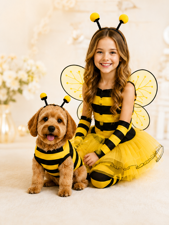 Girl and dog wearing bee costumes