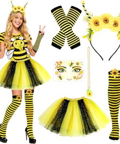 6pcs Bee Costume Women with Black and Yellow Tutu Striped Socks Bee Headband and Necklace Face Stickers for Halloween Party - 1