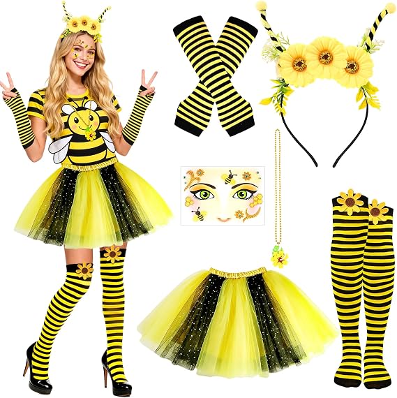 6pcs Bee Costume Women with Black and Yellow Tutu Striped Socks Bee Headband and Necklace Face Stickers for Halloween Party - 1