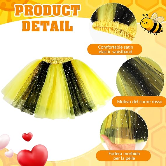 6pcs Bee Costume Women with Black and Yellow Tutu Striped Socks Bee Headband and Necklace Face Stickers for Halloween Party - Image 6
