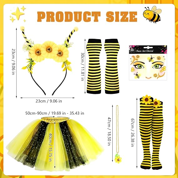 6pcs Bee Costume Women with Black and Yellow Tutu Striped Socks Bee Headband and Necklace Face Stickers for Halloween Party - Image 7