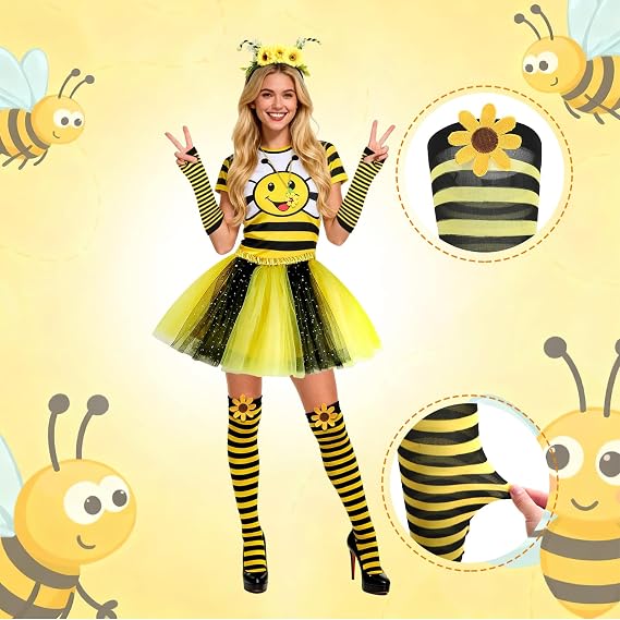 6pcs Bee Costume Women with Black and Yellow Tutu Striped Socks Bee Headband and Necklace Face Stickers for Halloween Party - Image 4