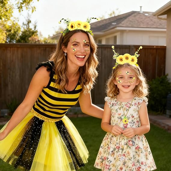 6pcs Bee Costume Women with Black and Yellow Tutu Striped Socks Bee Headband and Necklace Face Stickers for Halloween Party - Image 3
