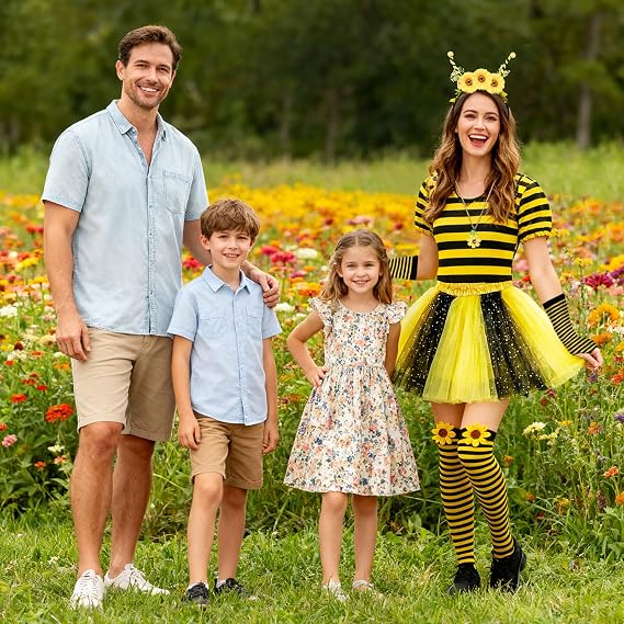 6pcs Bee Costume Women with Black and Yellow Tutu Striped Socks Bee Headband and Necklace Face Stickers for Halloween Party - Image 2