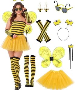 8PCS Halloween Bee Costume Accessories Cosplay for Women, Yellow Bee Wings Dress Socks Sleeves Earring Headband Glasses Wand - 1