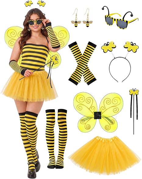 8PCS Halloween Bee Costume Accessories Cosplay for Women, Yellow Bee Wings Dress Socks Sleeves Earring Headband Glasses Wand - 1