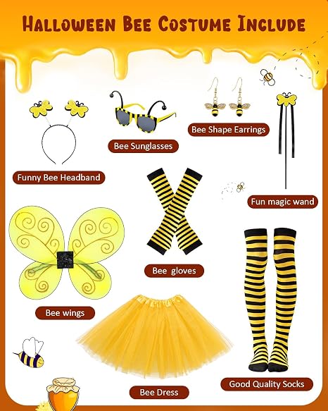 8PCS Halloween Bee Costume Accessories Cosplay for Women, Yellow Bee Wings Dress Socks Sleeves Earring Headband Glasses Wand - Image 6