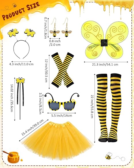 8PCS Halloween Bee Costume Accessories Cosplay for Women, Yellow Bee Wings Dress Socks Sleeves Earring Headband Glasses Wand - Image 5