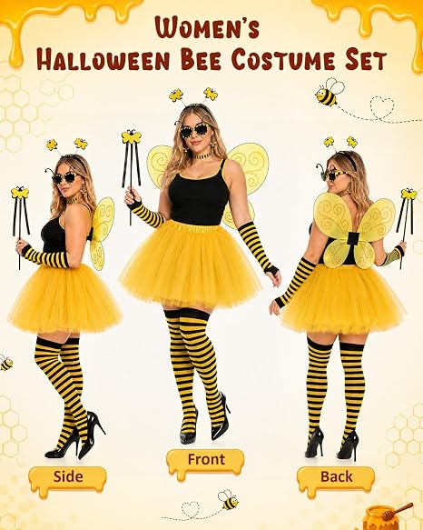 8PCS Halloween Bee Costume Accessories Cosplay for Women, Yellow Bee Wings Dress Socks Sleeves Earring Headband Glasses Wand - Image 4