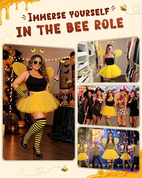 8PCS Halloween Bee Costume Accessories Cosplay for Women, Yellow Bee Wings Dress Socks Sleeves Earring Headband Glasses Wand - Image 3
