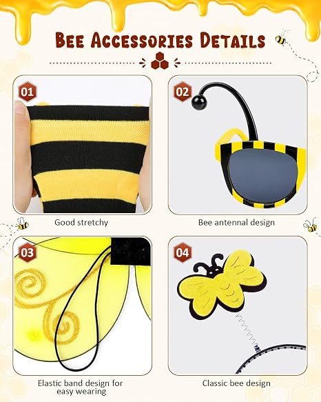 8PCS Halloween Bee Costume Accessories Cosplay for Women, Yellow Bee Wings Dress Socks Sleeves Earring Headband Glasses Wand - Image 2