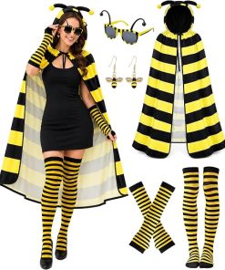 Halloween Bee Costume Women Yellow Bee Costume for Adults Sunglasses Cloak Gloves Sock Earring Halloween Cosplay Costumes - 1