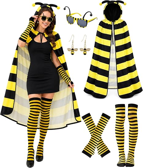 Halloween Bee Costume Women Yellow Bee Costume for Adults Sunglasses Cloak Gloves Sock Earring Halloween Cosplay Costumes - 1