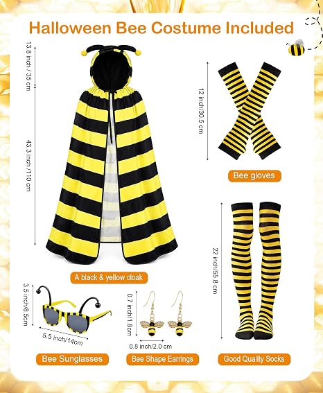Halloween Bee Costume Women Yellow Bee Costume for Adults Sunglasses Cloak Gloves Sock Earring Halloween Cosplay Costumes - Image 6