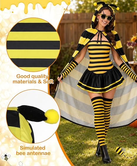 Halloween Bee Costume Women Yellow Bee Costume for Adults Sunglasses Cloak Gloves Sock Earring Halloween Cosplay Costumes - Image 5
