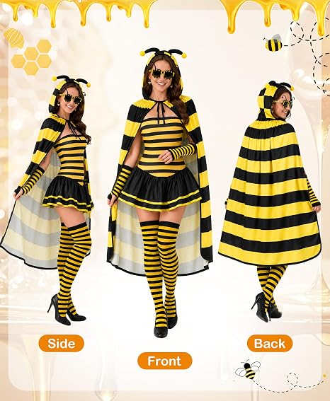 Halloween Bee Costume Women Yellow Bee Costume for Adults Sunglasses Cloak Gloves Sock Earring Halloween Cosplay Costumes - Image 3