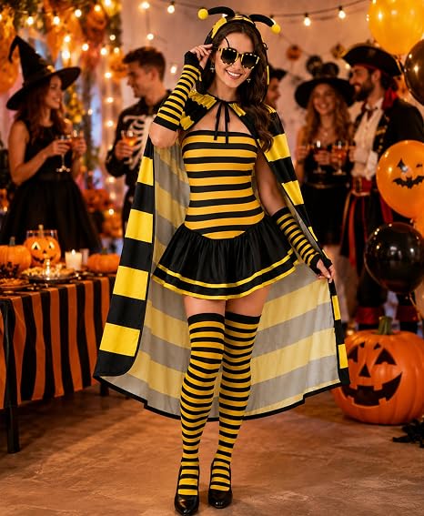 Halloween Bee Costume Women Yellow Bee Costume for Adults Sunglasses Cloak Gloves Sock Earring Halloween Cosplay Costumes - Image 2