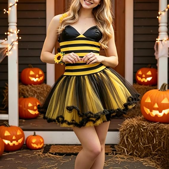 Women Halloween Bee Costume with Wings Ladybug Cospaly Dress Themed Party - Image 4