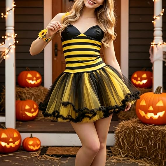 Women Halloween Bee Costume with Wings Ladybug Cospaly Dress Themed Party - Image 5