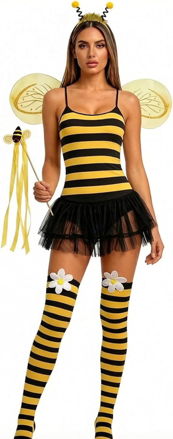 Womens Halloween Honey Bee Dress Costume Ladybug Cosplay Dress with Wings - 1